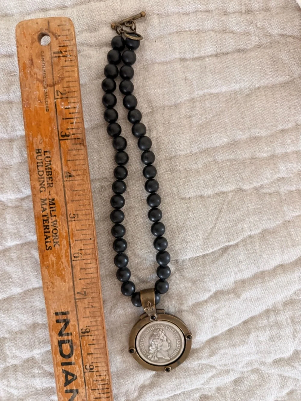 Black Beaded Necklace with Coin Pendant - Picture 2 of 5